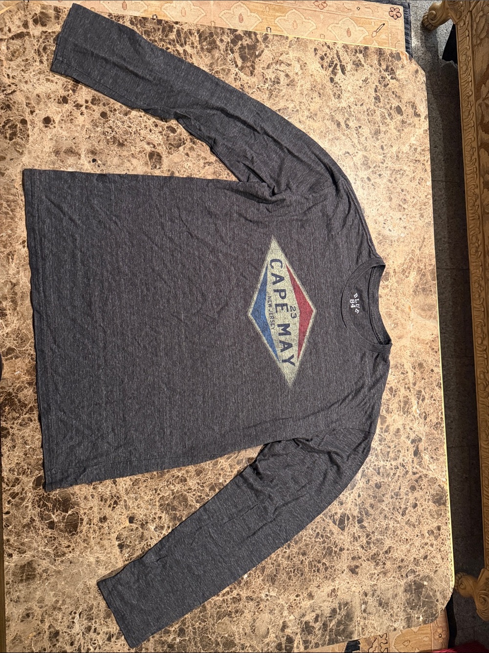 Blue 84 Charcoal Long Sleeve Graphic Tee with Vintage Cape May Logo